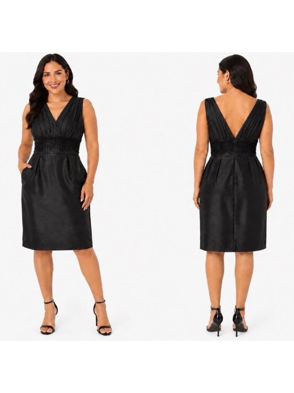 Carmen Marc Valvo Black Silk Cocktail Dress Women 10 Sleeveless Beaded V Neck